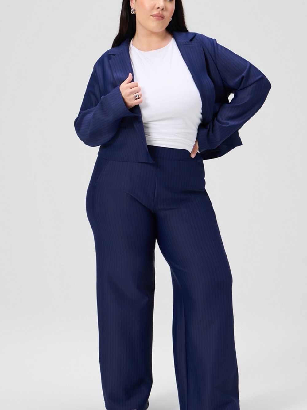 Fabletics Lux 360 Delphi Pinstripe Cropped Blazer Wide Leg Pants Suit XXL/1X
